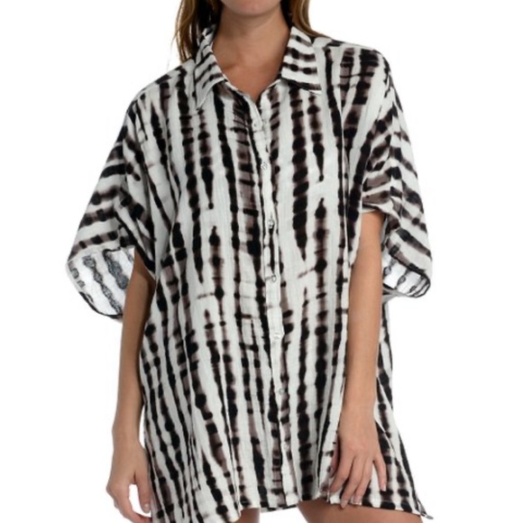 🆕 La Blanca Java & White Tie Dye Stripe Button Up Cover Up one size - Picture 1 of 9